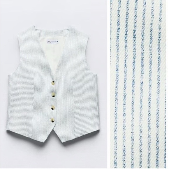 Zara Striped Waistcoat Vest Large  Cotton Buttoned brand new - Picture 1 of 9